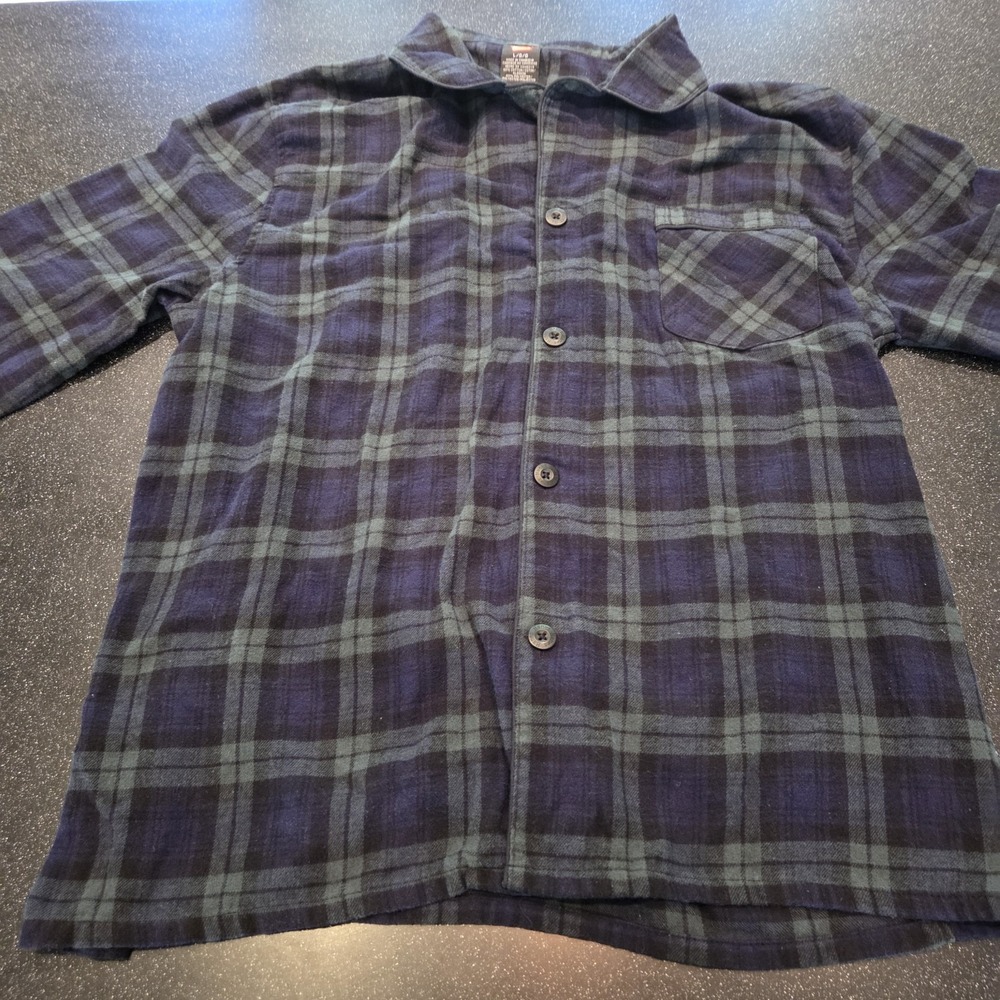 Hanes Men's Flannel Shirt L Blue Green Plaid Button Front Long Sleeve Casual...
